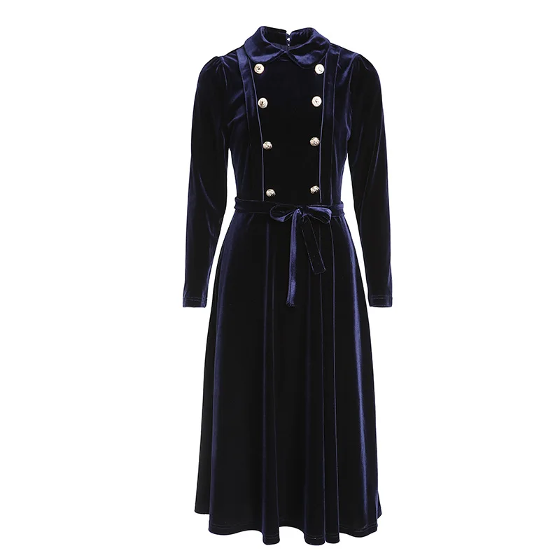 

2020 Women Uniform Double-Breasted Velvet Women Dresses England Style Turn-down Collar High-End Autumn Noble Ladies Dresses