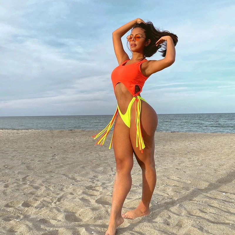 

2021 New Sexy Fringed Small Breasts Gathered Bikini Solid Color Hollow Open Back Swimwear Sexy One Piece Swim Suits Swim Suit