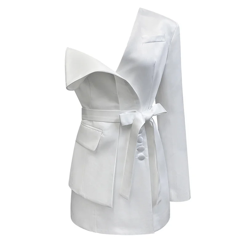 

DEAT Women White Asymmetric Bow Above Out Dress New Diagonal Neck Long Sleeve Loose Fit Fashion Tide Summer autumn 2021 7B0208
