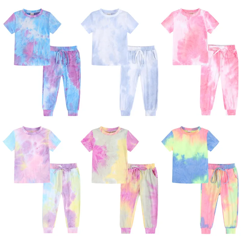 

2021 New !! Kids short tracksuits / Tie-dye outfits set / Short top+long leggings set