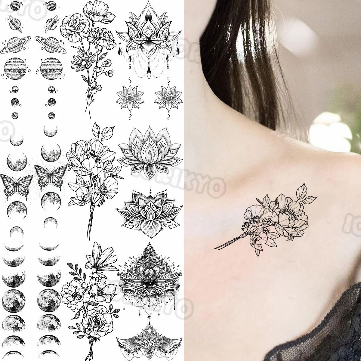 Pencil Sketch Dahlia Temporary Tattoos For Women Adults Outer Space Henna Fake Pendant Tattoo Sticker Sexy Clavicle Body Tatoos