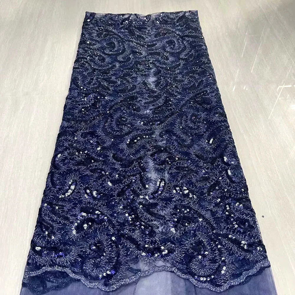 

2021 Hot Sale Sequins French Tulle Lace Fabric Navy Blue African Lace Fabric Sequence Lace Material For Party Wedding Sewing