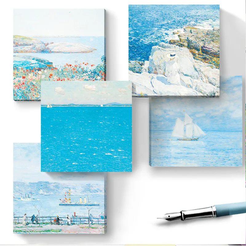 

50 Sheets/Set Childe Hassam Art Painting Series Memo Pads Blue Ocean Sticky Notes Creative DIY Journal Decoration