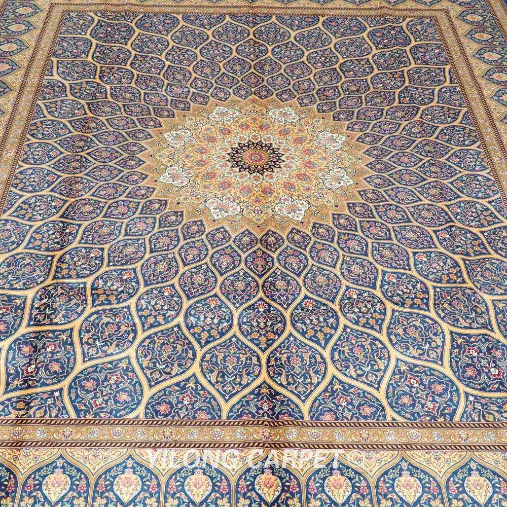Yilong 8 'x 10' ручной работы Qum шелковый ковер Медальон цветочный синий вязки