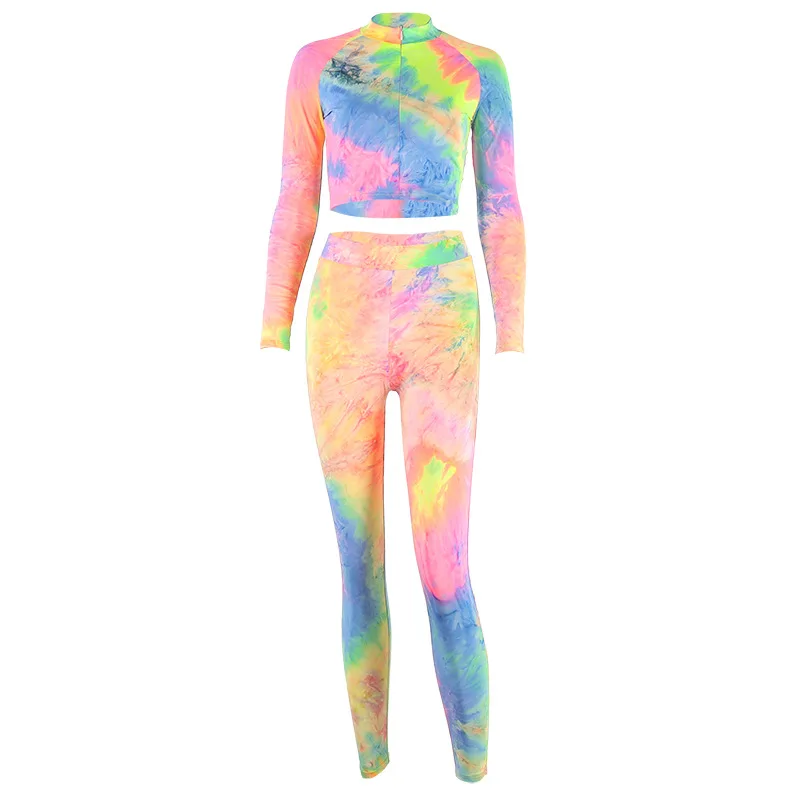 

NORMOV Women Tie-Dye Sets High Waist Slim Elastic Push Up Leggings Two-Piece Set Female Zipper Long Sleeve Print Set Femme