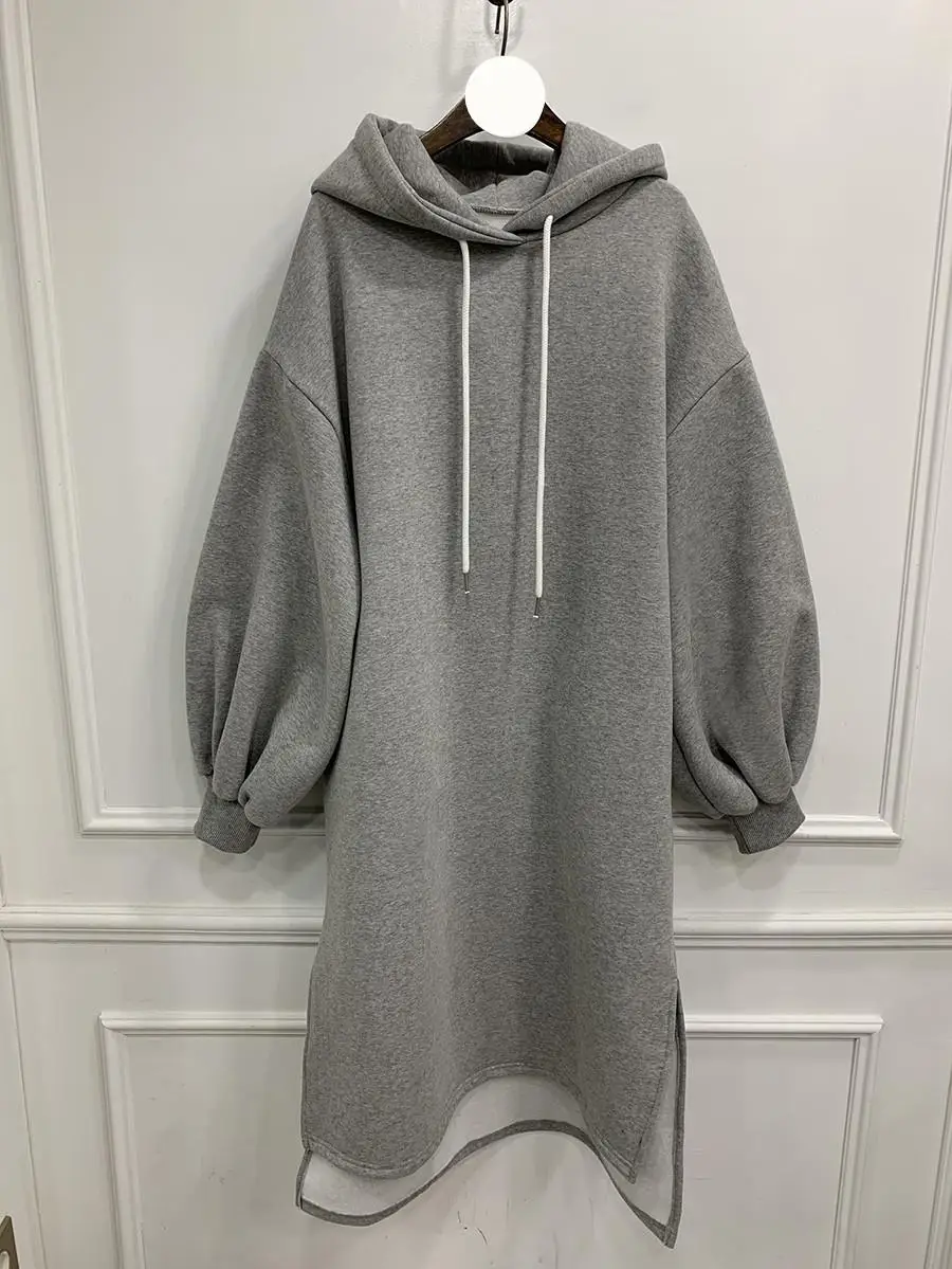 GETSPRING Women Dress Lantern Sleeve Split Thicken Hooded Dresses Gray Black Pink Vintage Plus Size Long Dresses New Autumn - Цвет: Gray