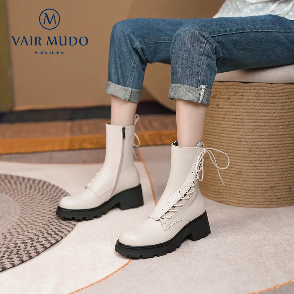 Beli VAIR MUDO Sepatu Bot Wanita Pergelangan Kaki Tebal Ujung Bulat Berenda Hitam Putih Elegan Sepatu Bot Modis Wanita Musim Gugur Musim Dingin WM-X128-C