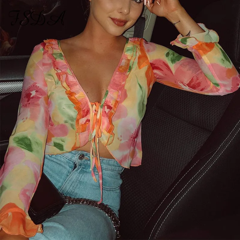 

Print Long Sleeve Cropped Tops Women Blouses Ruffles V Neck Bandage 2021 Spring Summer Casual Shirt Y2K Top Party Beach Blouse