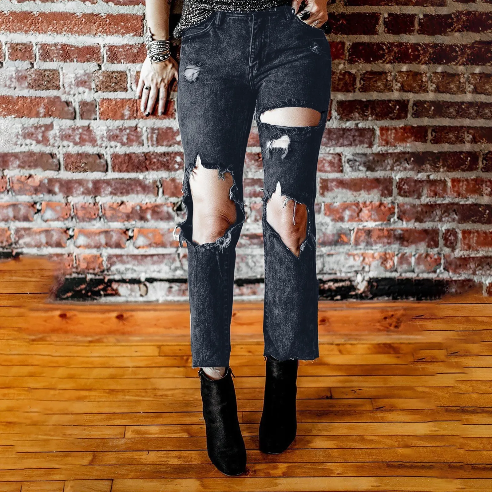 

Black Hole Ripped Distressed Straight Women's Fashion Jeans Oversize High Waist Baggy Boyfriend Punk Denim Pants Street