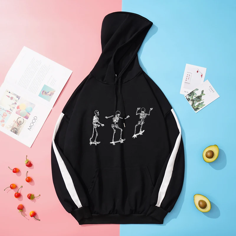 

Pack Of 3 Pcs Harajuku Hoodie Spell Color Splicing Sweashirt Men Funny Three Skateboard Skeleton Graphic Tracksuit
