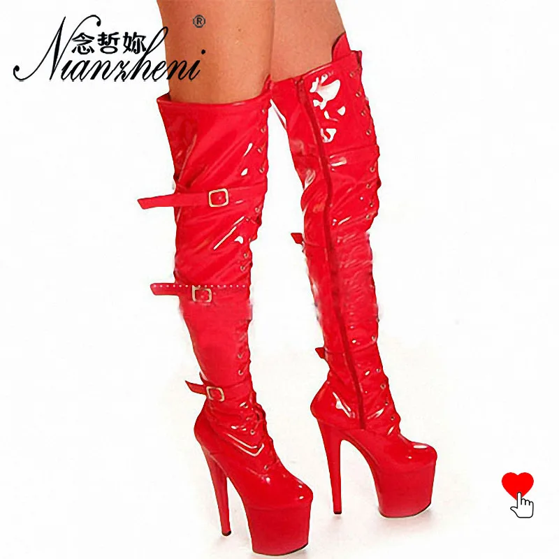 20cm High Heels Platform Knee Black Buckle Narrow Band  Pu Lady Shoes 8 Inch White Stripper New Gothic pole dancePunk Bottes