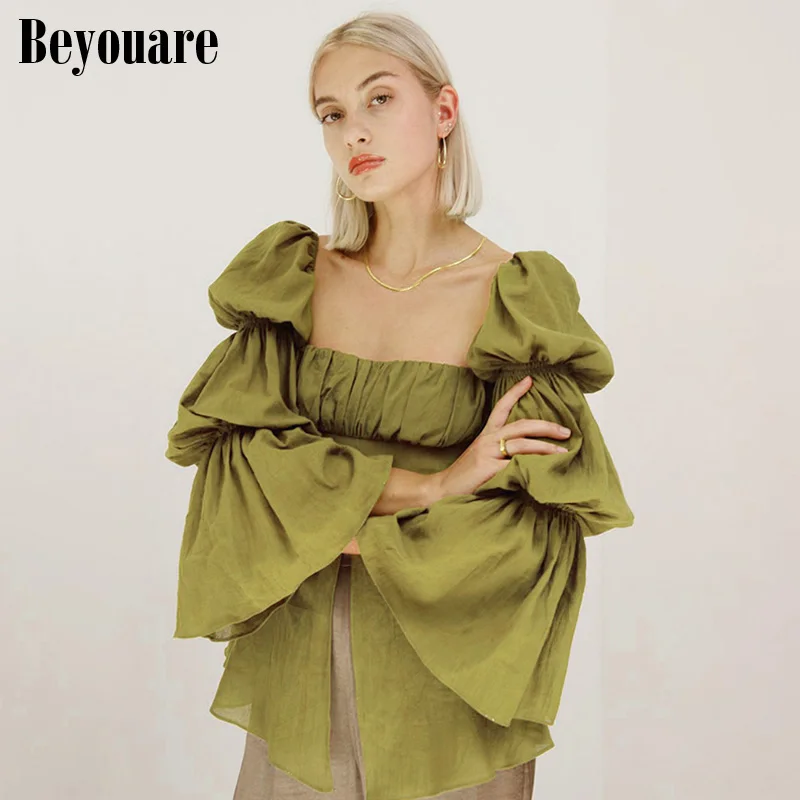 

Beyouare Flare Sleeve Vintage Women's Shirt Fashion Folds Square Collar Split Tops Autumn Lady Elegant Beach Style Streetwear