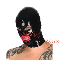 natural latex face mask hood for men cosplay costumes fetish cosplay mask with red mouth circle back zipper club wear