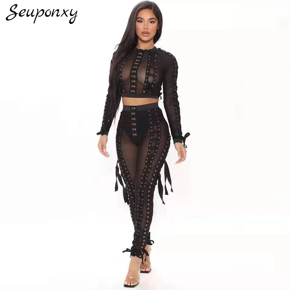 High Quality 2021 Summer Women'S Bodycon Ribbon 2 Two-Piece Set Sexy Long-Sleeved Short Top + High-Waist Pencil Pants Party Set