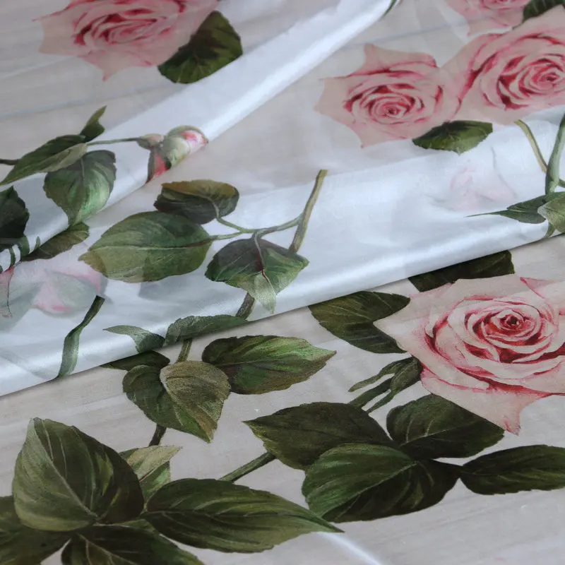 

Pink rose flowers 100% natural printed thin silk chiffon fabric for women shirt dress sewing scarf cloth material tissu au metre
