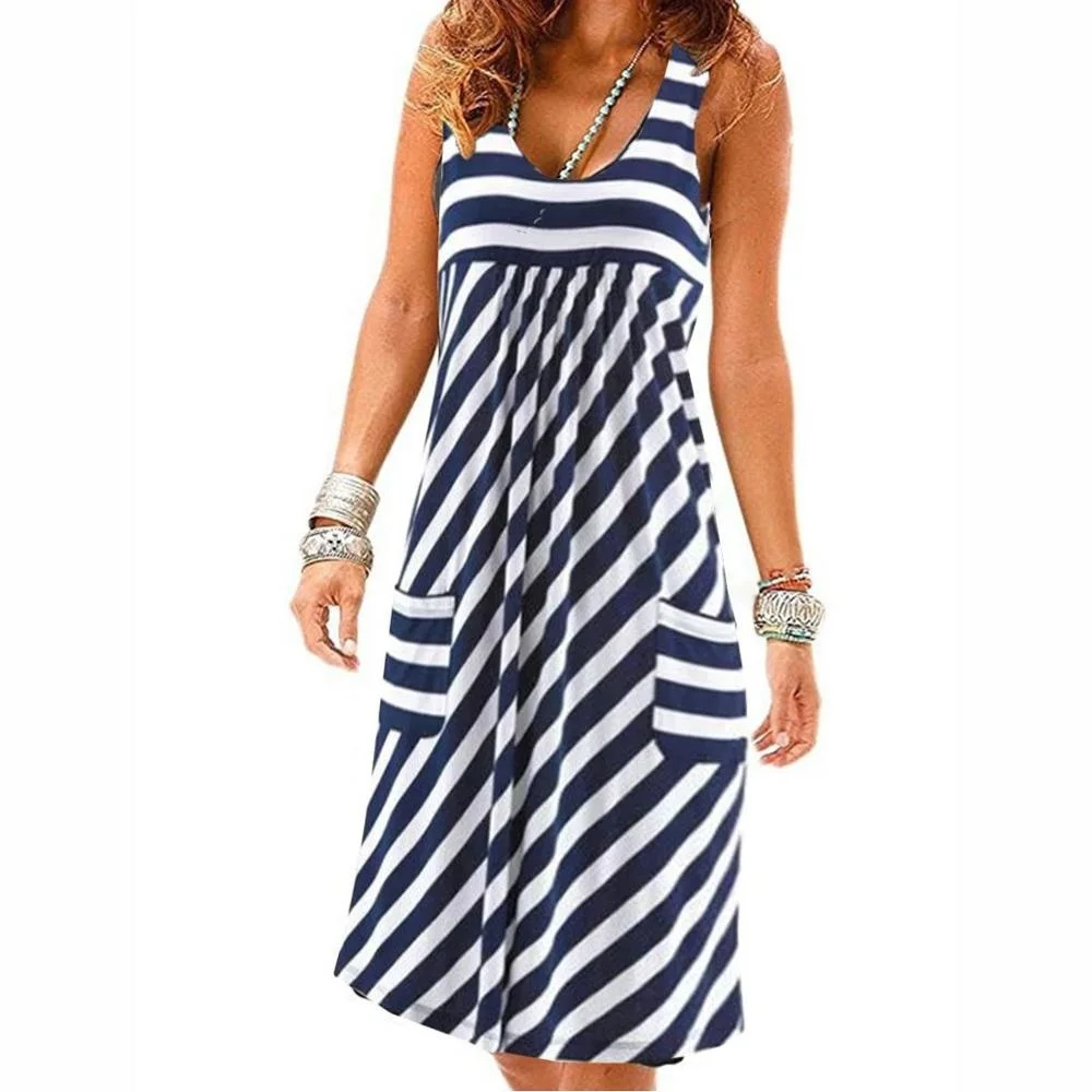 

Fashion striped dress large size summer dress loose simple sleeveless dress women's clothing