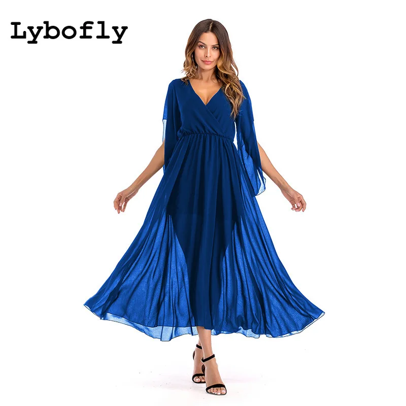 Женское летнее платье макси шифоновое однотонное длинное вечернее с v образным