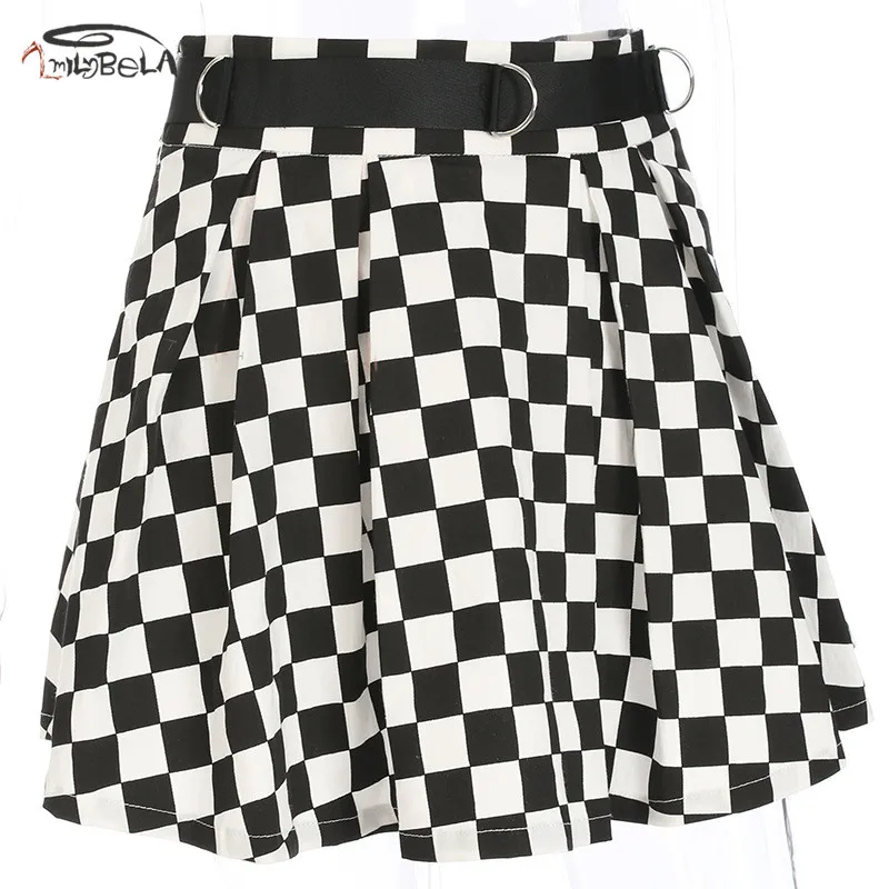 Imily Готическая Шахматная мини-юбка женская Повседневная Высокая талия с поясом