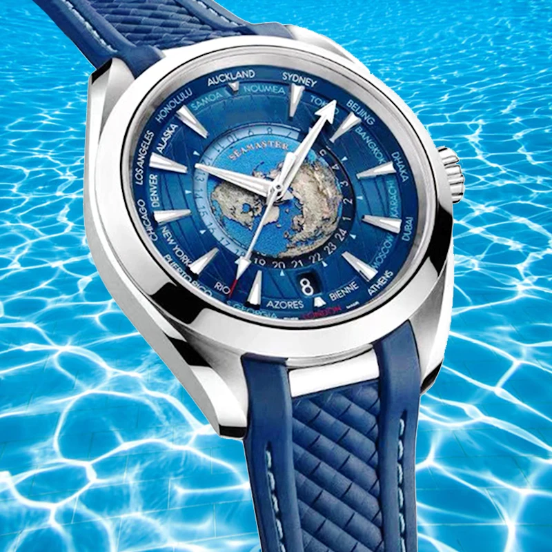 

Men's watch 2021 new automatic mechanical stainless steel calendar waterproof 41mm sapphire blue green rubber world map watch
