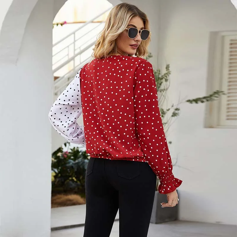 Женская шифоновая блузка в горошек свободная женская с длинным рукавом и v