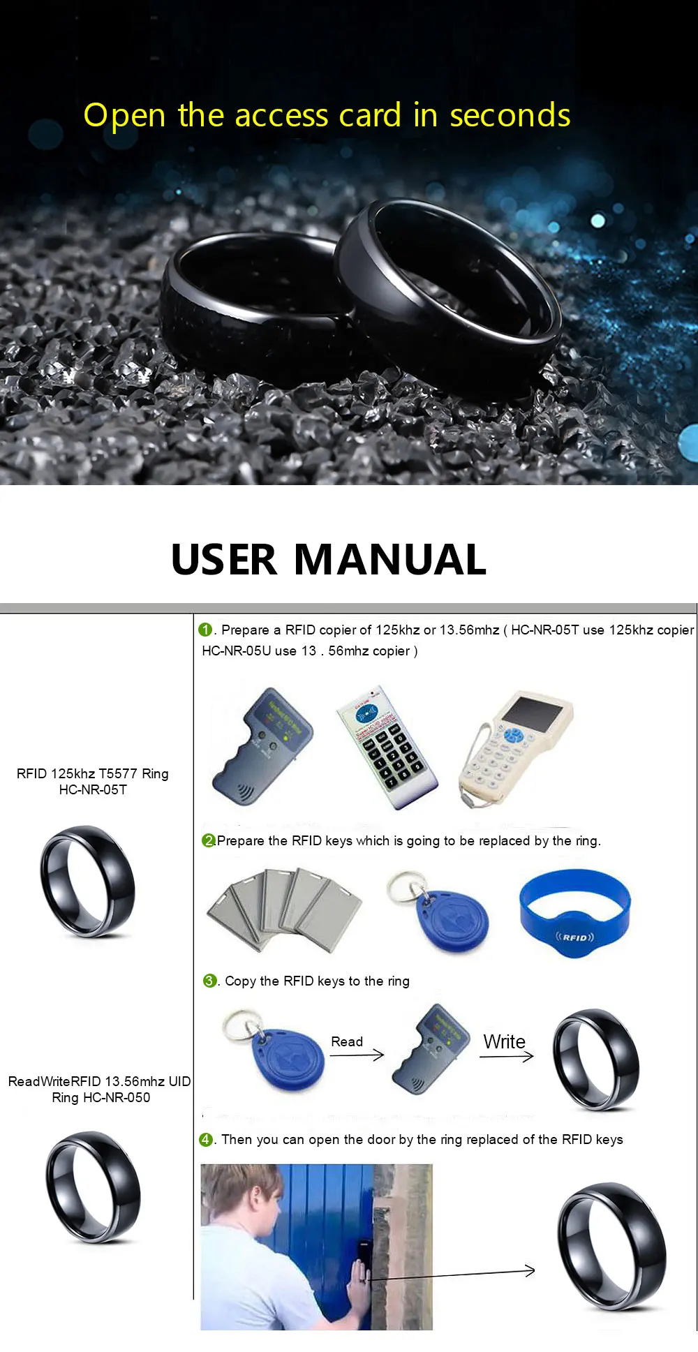 RFID 125KHZ or 13.56MHZ Black Ceramics Smart Finger Ring Wear for Men or Women