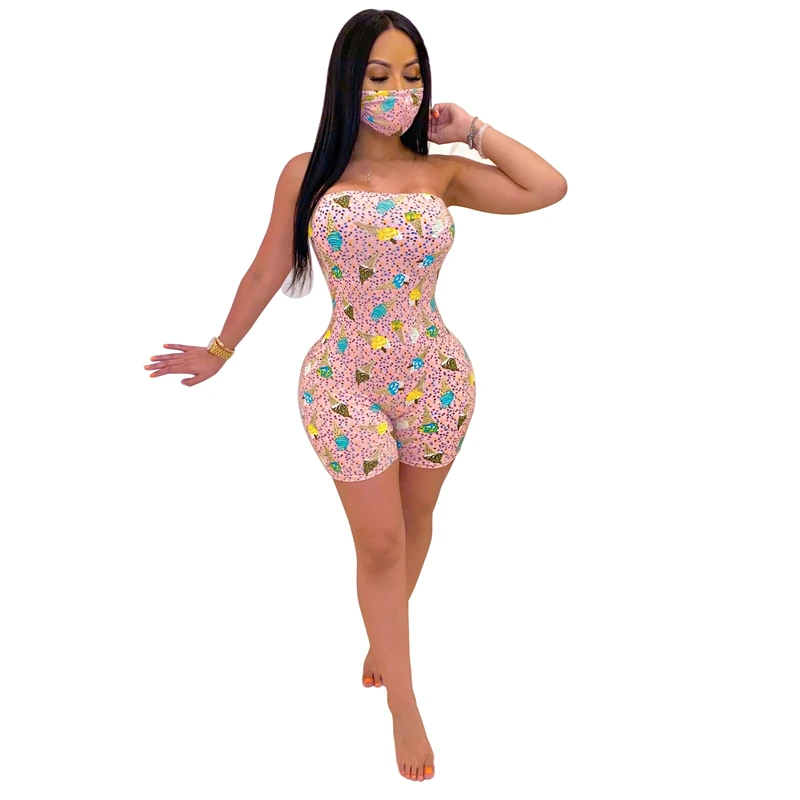 Женское боди с цветочным принтом без бретелек рукавов|Комбинезоны c шортами| |