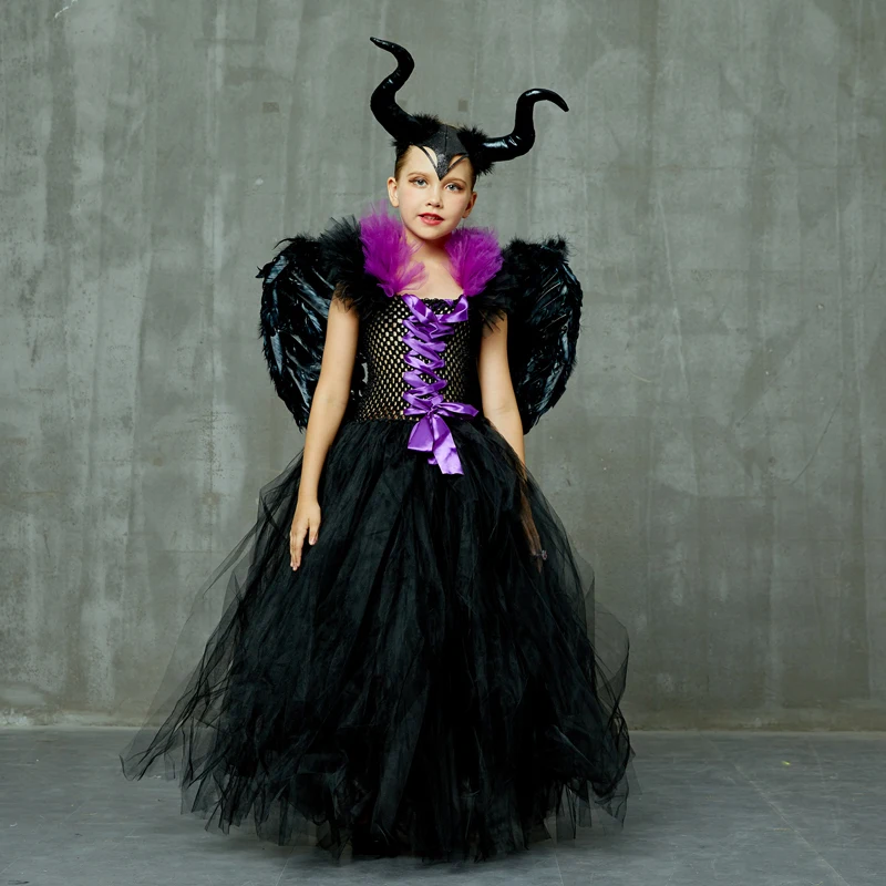 Maleficent/платье-пачка «злая королева» для девочек с роговыми крыльями; костюм ведьмы для косплея; детское праздничное рождественское платье