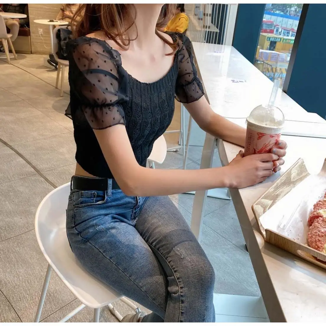 

Mesh thread cutout stitching top women's 2021 Xiaxin Solid Color Bubble Sleeve