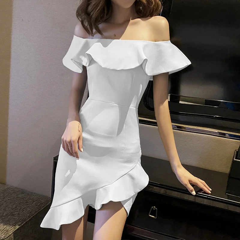 

2020 One-shoulder ruffled waist halter irregular tube top skirt temperament was thin night sexy dress Office Lady Polyester