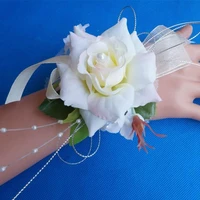 artificial silk rose decorative flowers for decoration wedding or prom wrist flower corsage with pearl bracelet boda flore