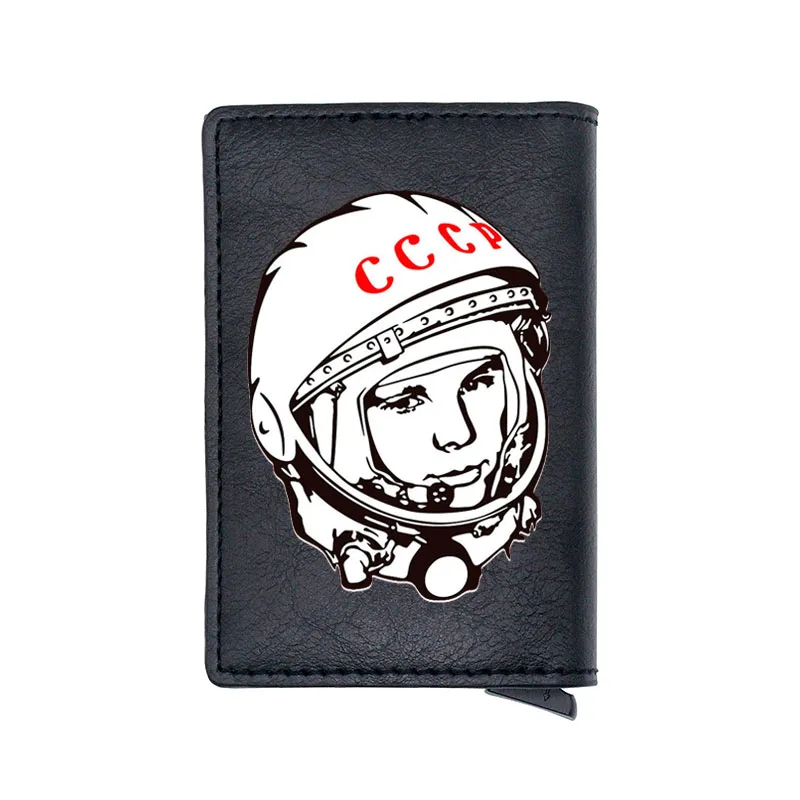 

Retro Soviet Astronaut Gagarin Rfid Card Holder Wallets Classic Men Women Black Leather Small Money Bag Male Purses