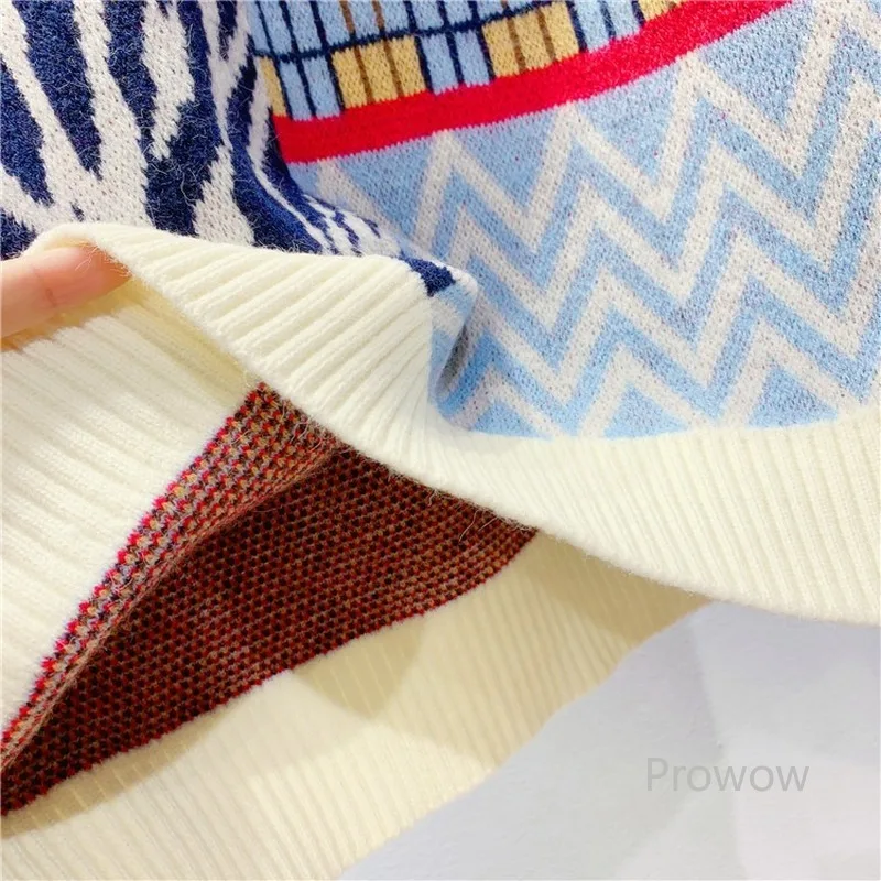 

Geometric Contrast Leopard Knitted Vest Vintage Top Women Spring Autumn Tank Top Korean V-neck Sweater Vest Sleeveless Knitwear