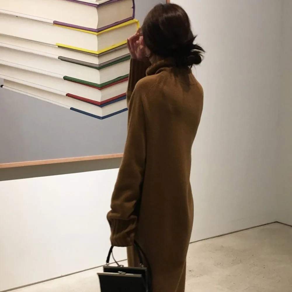 Женское трикотажное платье свитер с высоким воротником корейский Повседневный