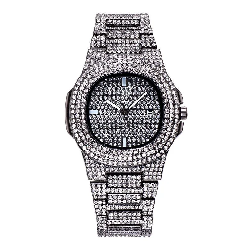 Black White crystal Золотые, серебряные, розовые, кварцевые, модные, квадратные, Роскошные, Гипсофилы, набор, стальной ремешок, часы, стразы, календарь, наручные часы, женские часы - Цвет: Black White crystal