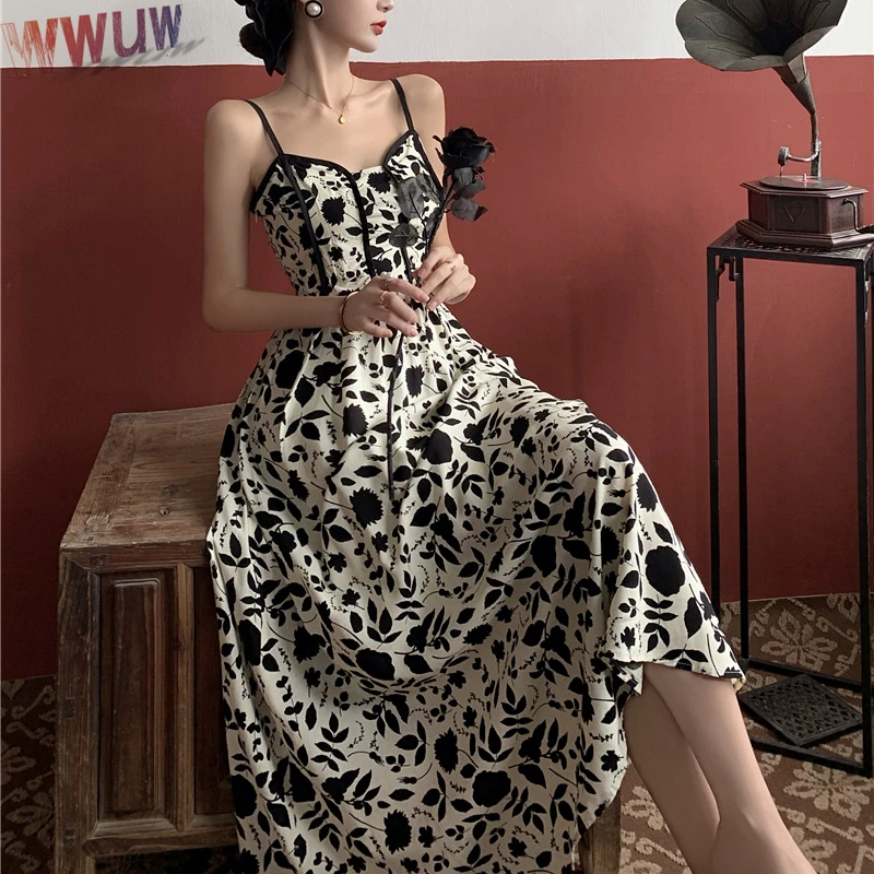 

Flower Print Sexy Dress For Women High Split Elegant Spaghetti Strap Long Dresses Backless Bodycon Summer Party Dress Vestidos