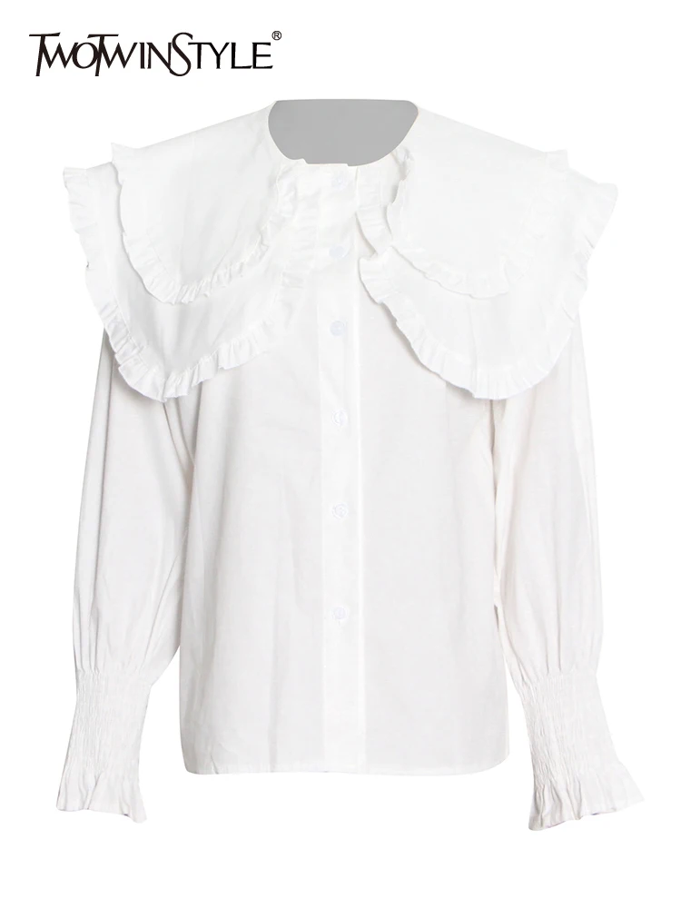 

Женская блузка с рюшами TWOTWINSTYLE, свободная однотонная блузка с круглым вырезом, длинными рукавами и высокой талией, новинка 2021