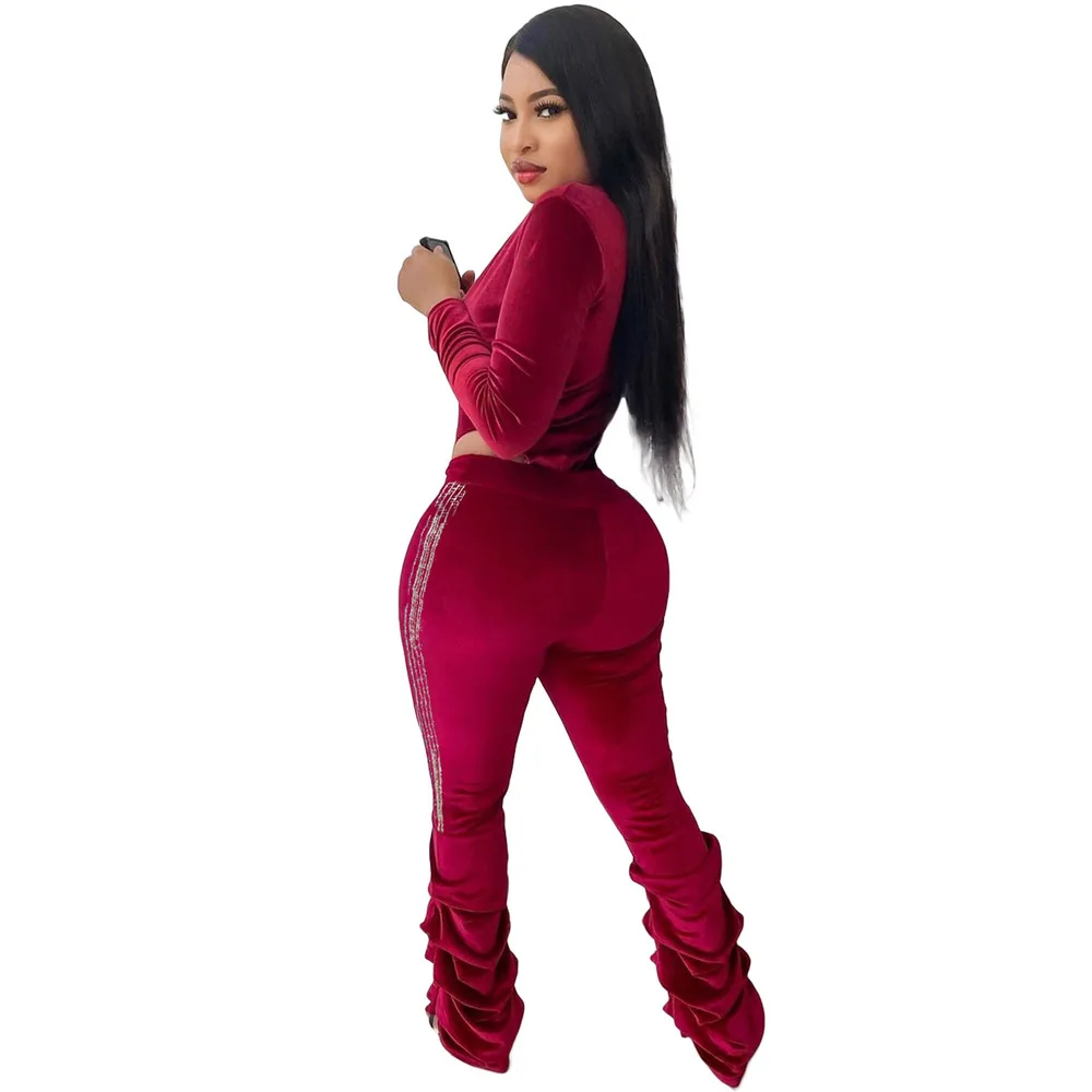 

Soft Warm Velvet Two Piece Sets Autumn Winter Clothes Deep V Neck Long Sleeve Slim Bodysuit+sequin Spliced Stacked Pant Outfits