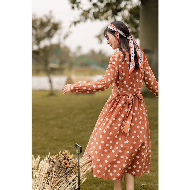 Винтажное платье с V-образным вырезом длинными рукавами и бантом для похудения