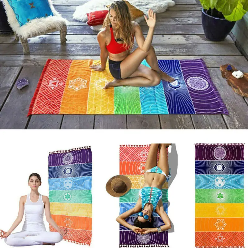Нескользящий Радужный Boho Летний Пляжный коврик Мандала шаль одеяло широкие