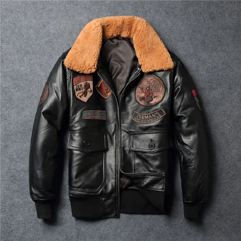 Мужская кожаная куртка пилот коричневая шерстяная Авиатор с воротником из