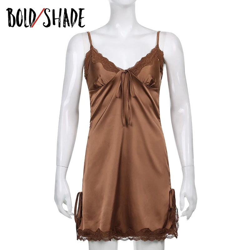

Bold Shade 2000s Vintage Indie Clothes Solid Dress Satin Lace Trim V-Neck Bow Women Sexy Dresses Y2K Style Sleeveless Slim Cloth