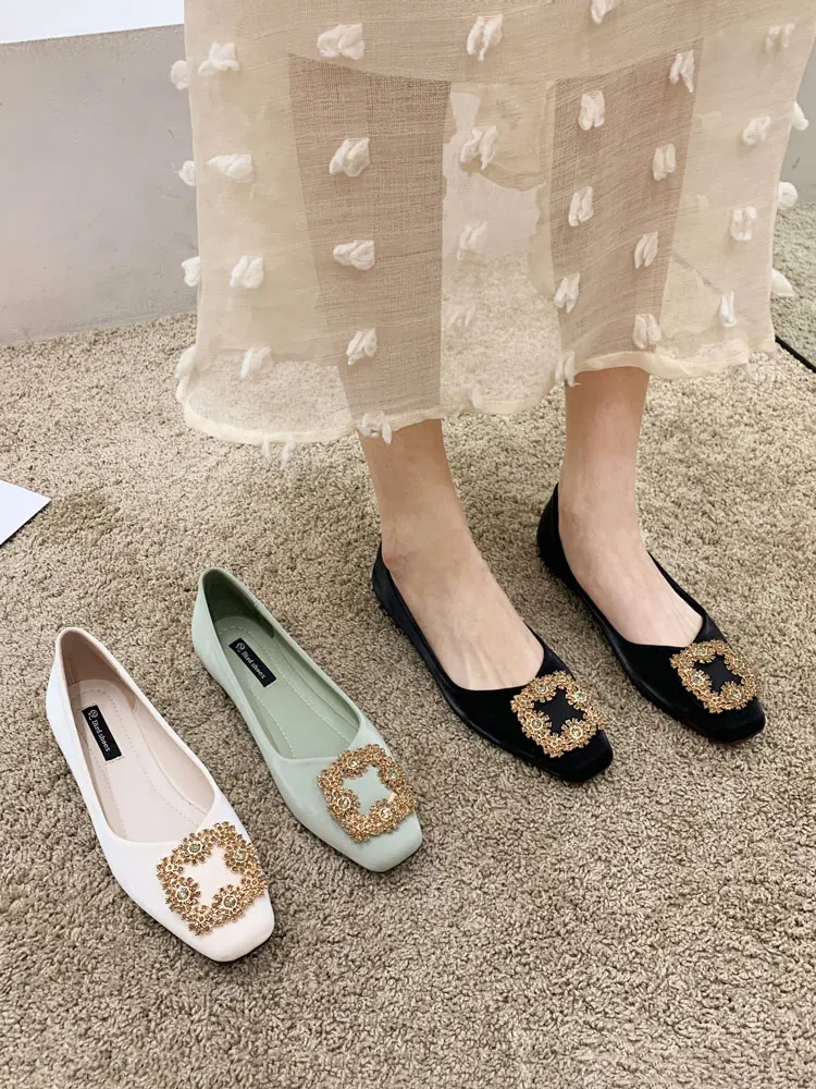 

Women's shoes spring 2021 new square-toe shallow flashing diamond low-heel soft shoes