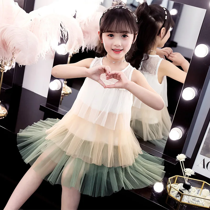 rainbow tulle dress age for 3 - 12 yrs little girls colorful 2019 new summer ruffle lace sleeveless baby vest frocks | Детская одежда и
