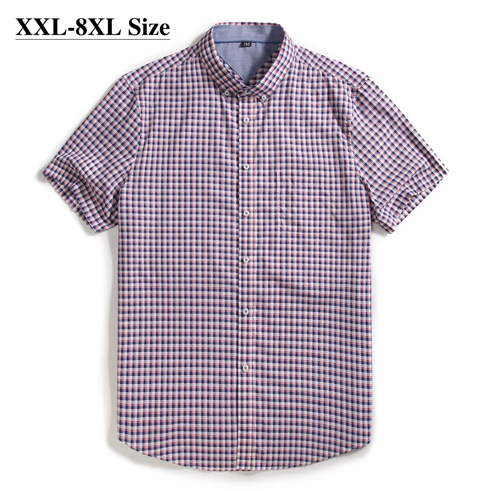 

Размера плюс 6XL 7XL 8XL мужские рубашки летние 100% хлопковые Свободные повседневные деловые решетки с коротким рукавом мужская брендовая одежд...