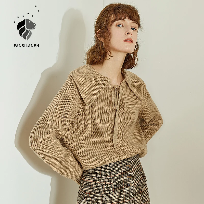 

FANSILANEN Lace Up Casual Oversize Pullover Women Long Sleeve Black Knitted Sweater Top Vintage Autumn Winter Female Jumper 2020