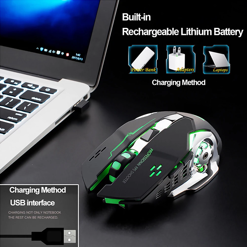 Беспроводная игровая мышь 2 4G 1800DPI с зарядкой бесшумная Механическая подсветкой