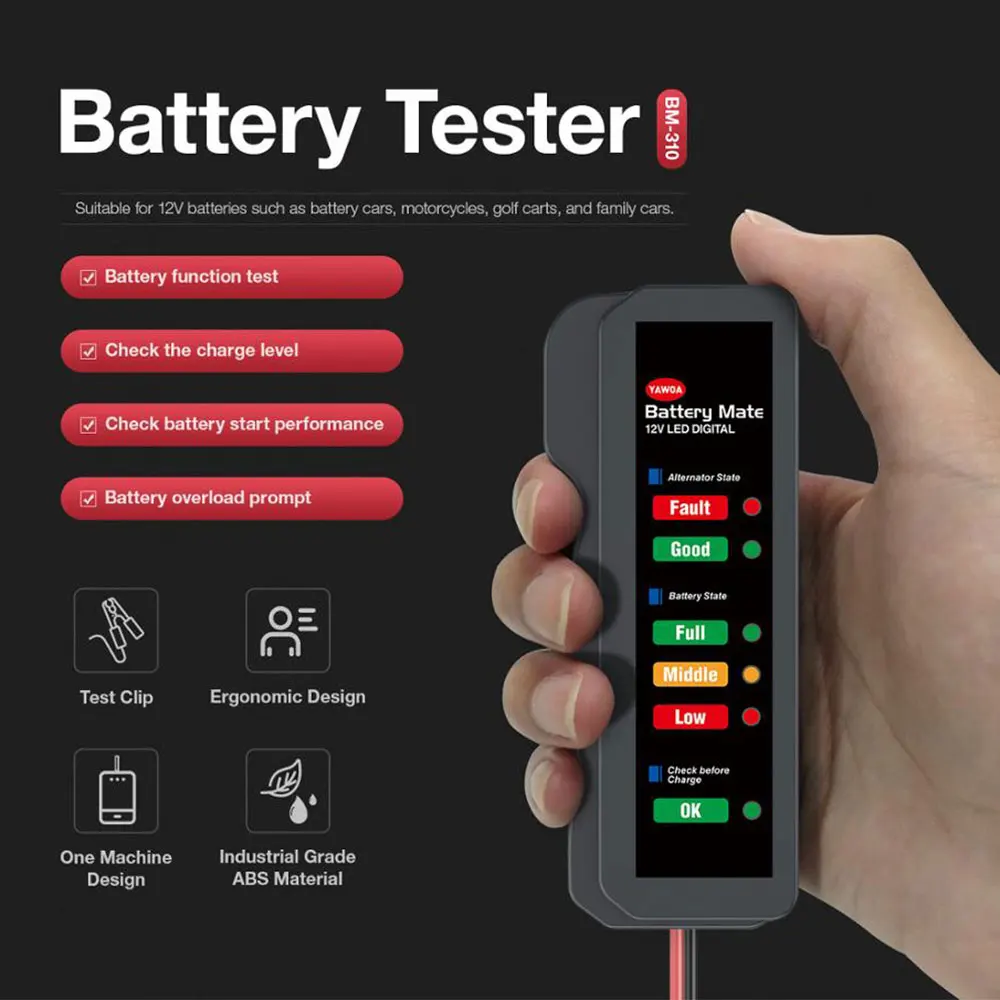 BM310 Car Battery Tester 12v Auto Checker Alternator Digital 6 LED Lights for Vehicle Motorcycle Diagnostic Tool | Автомобили и