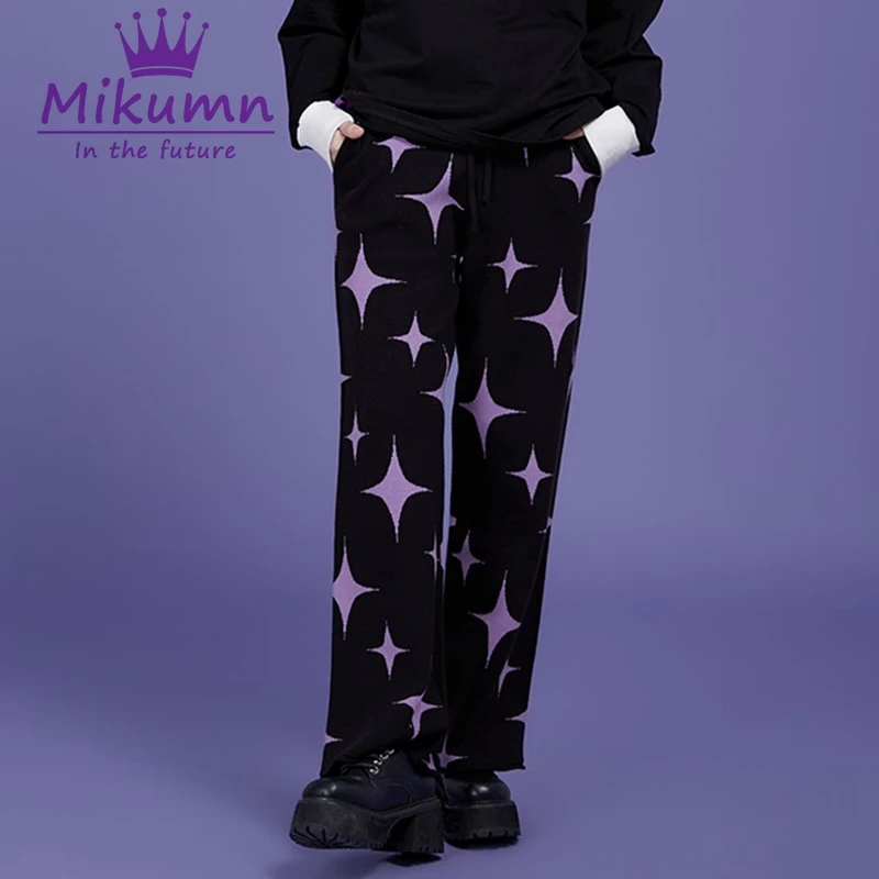 Harajuku Black Purple Stars Knitted Pants Women Girl Winter Warm Trousers Casual Pants Chic Streetwear