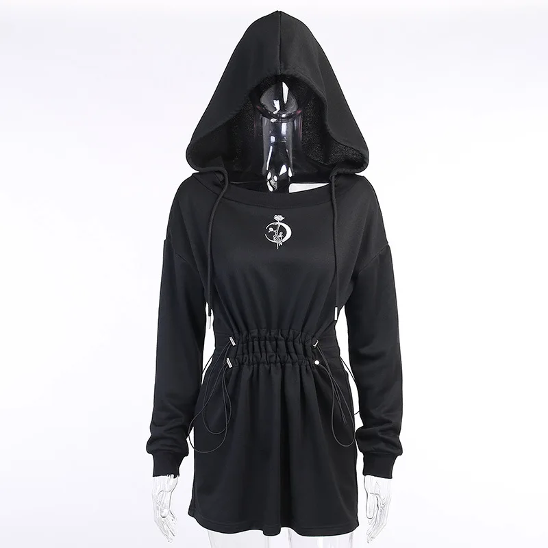 

Goth Girl Black Punk Waist Pleated Dress Women's Moon Embroidery Big Hat Cropped Hoodie Grunge Hoodies Women Pullovers