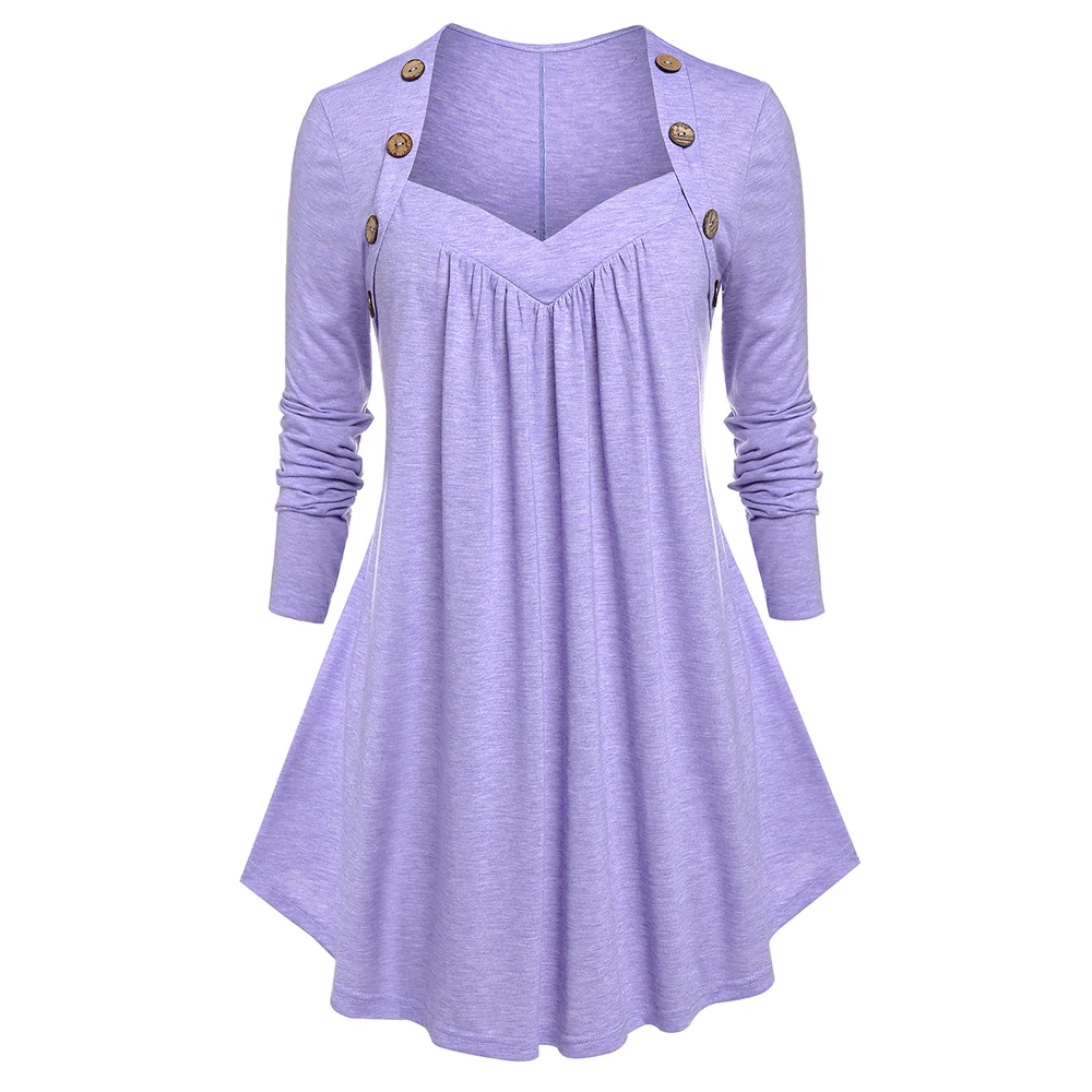 

Plus Size Sweetheart Neck Swing Tee Mock Buttons Minimalist Long-Sleeved T-Shirt Fall Autumn Tops